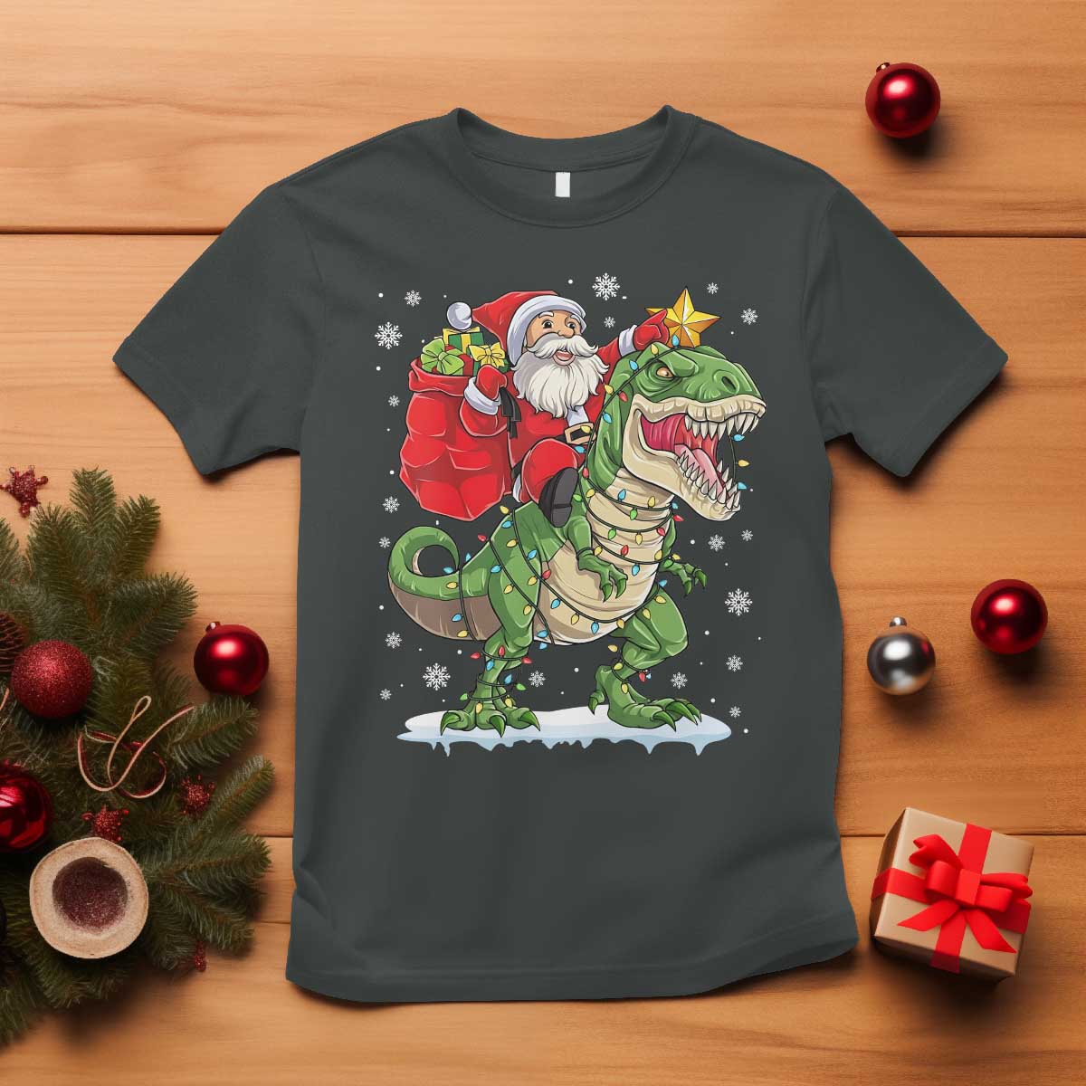 Funny Dinosaur Christmas Santa Claus Riding Dino T Shirt - Wonder Print Shop