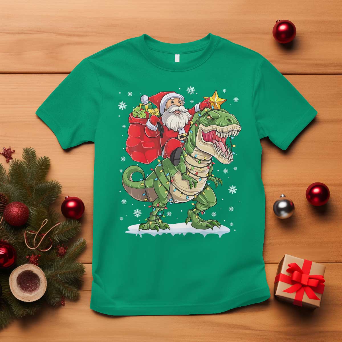 Funny Dinosaur Christmas Santa Claus Riding Dino T Shirt - Wonder Print Shop