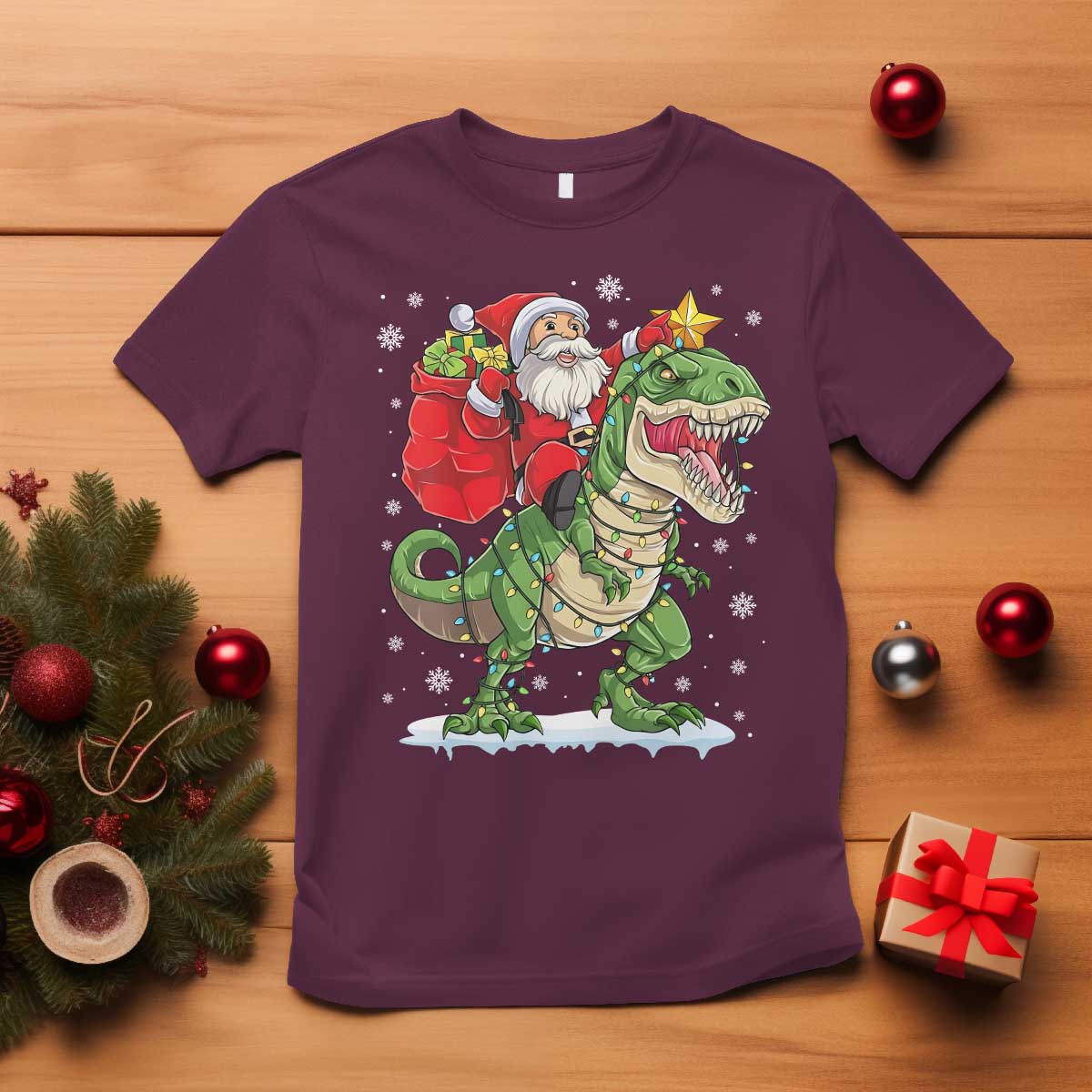Funny Dinosaur Christmas Santa Claus Riding Dino T Shirt - Wonder Print Shop