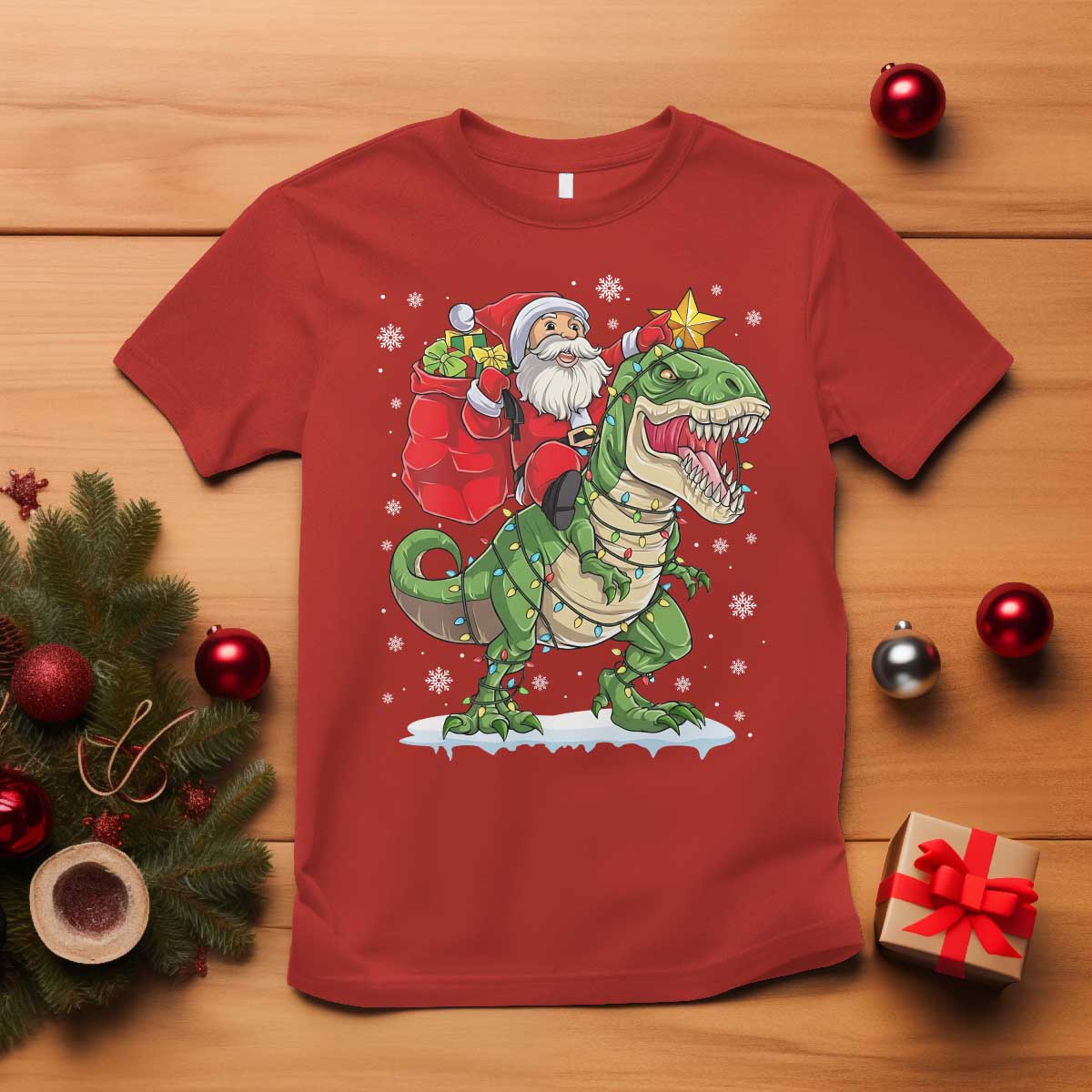 Funny Dinosaur Christmas Santa Claus Riding Dino T Shirt - Wonder Print Shop
