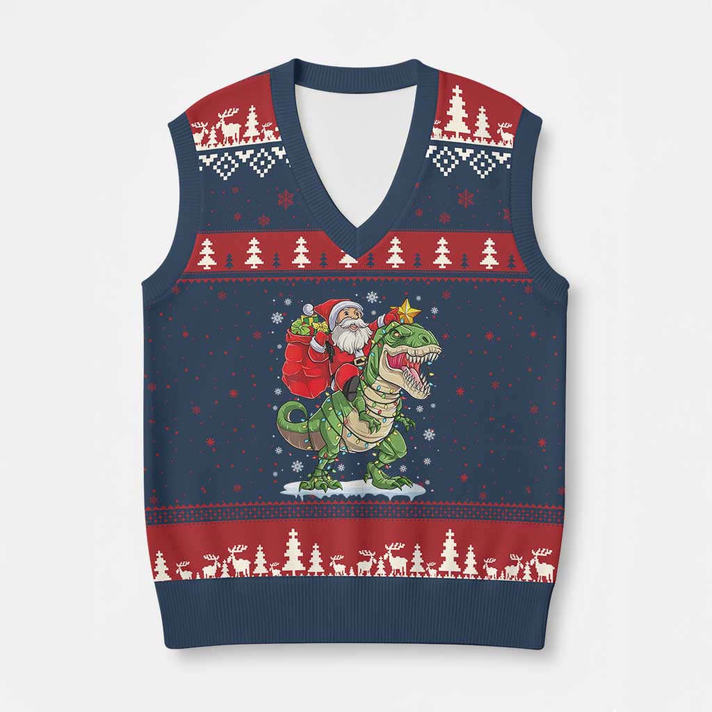 Funny Dinosaur Xmas Santa Claus Riding Dino V-Neck Knit Sweater Vest - Wonder Print Shop
