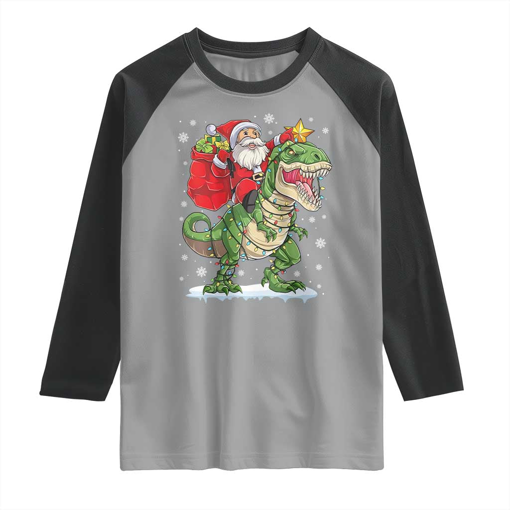 Funny Dinosaur Christmas Santa Claus Riding Dino Raglan Shirt - Wonder Print Shop