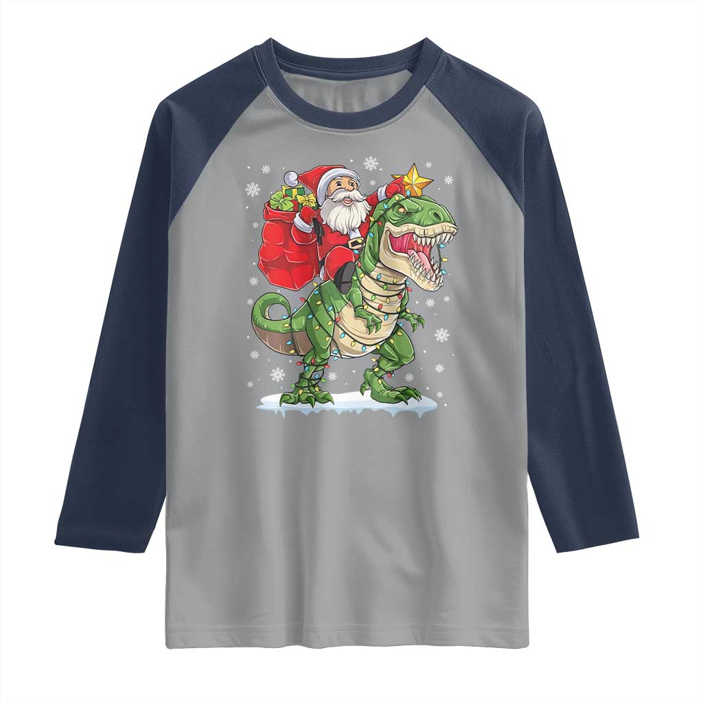 Funny Dinosaur Christmas Santa Claus Riding Dino Raglan Shirt - Wonder Print Shop