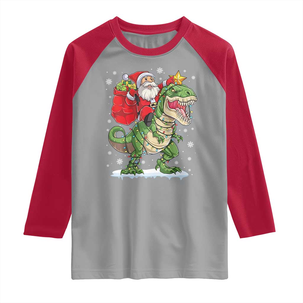 Funny Dinosaur Christmas Santa Claus Riding Dino Raglan Shirt - Wonder Print Shop