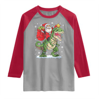 Funny Dinosaur Christmas Santa Claus Riding Dino Raglan Shirt - Wonder Print Shop