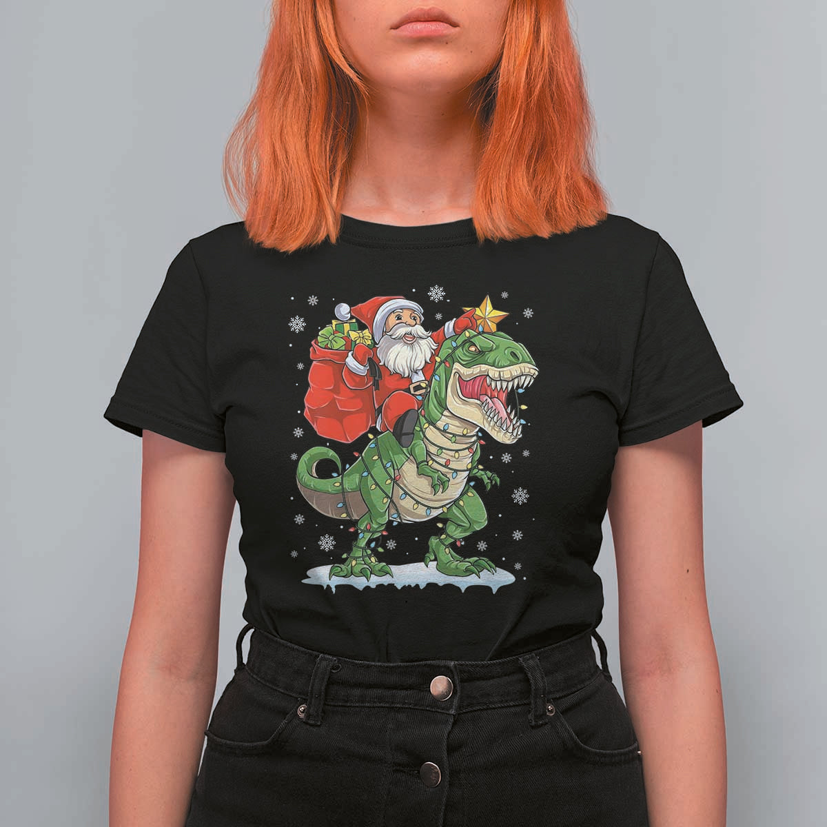 Funny Dinosaur Christmas Santa Claus Riding Dino T Shirt For Women - Wonder Print Shop