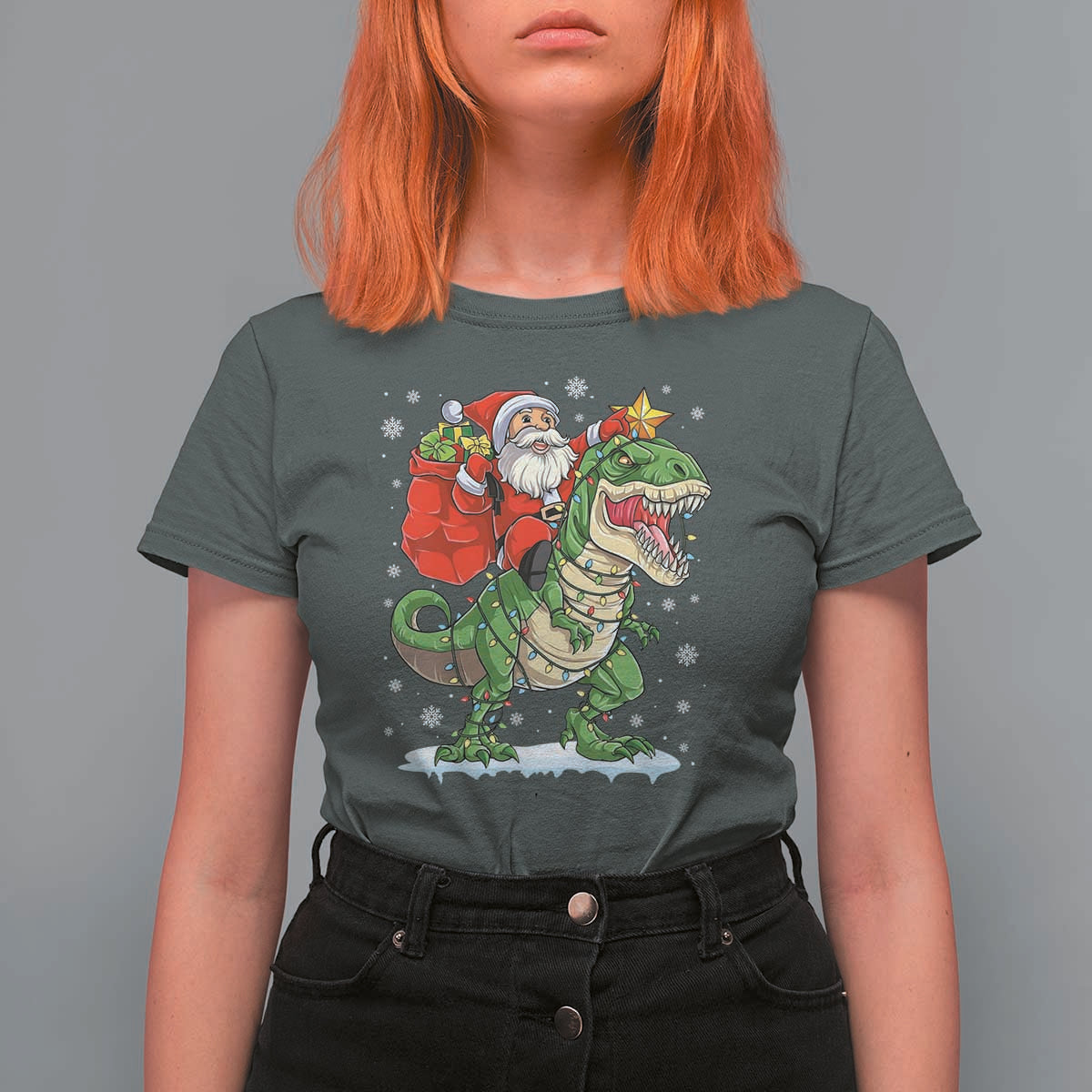 Funny Dinosaur Christmas Santa Claus Riding Dino T Shirt For Women - Wonder Print Shop