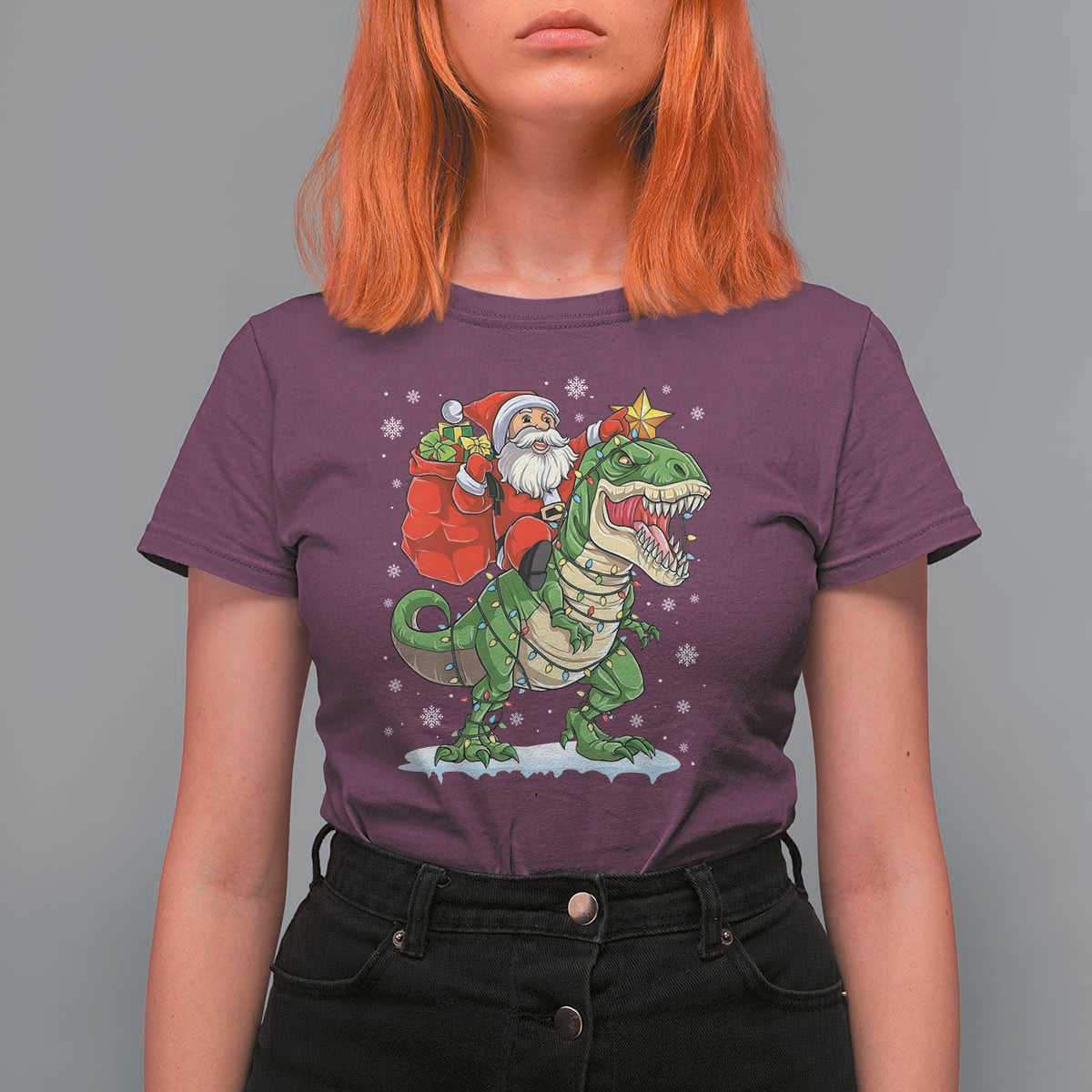 Funny Dinosaur Christmas Santa Claus Riding Dino T Shirt For Women - Wonder Print Shop