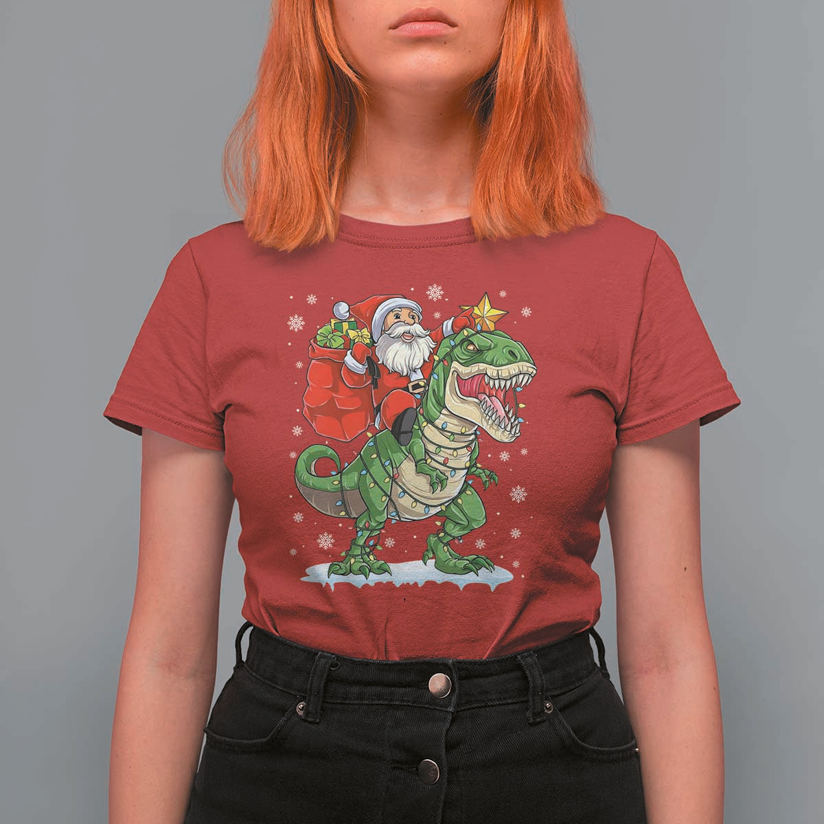 Funny Dinosaur Christmas Santa Claus Riding Dino T Shirt For Women - Wonder Print Shop