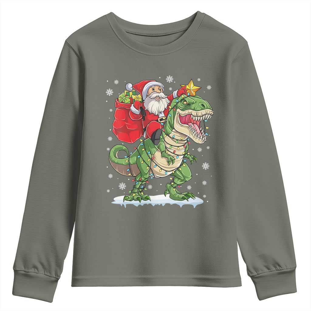 Funny Dinosaur Christmas Santa Claus Riding Dino Youth Sweatshirt - Wonder Print Shop