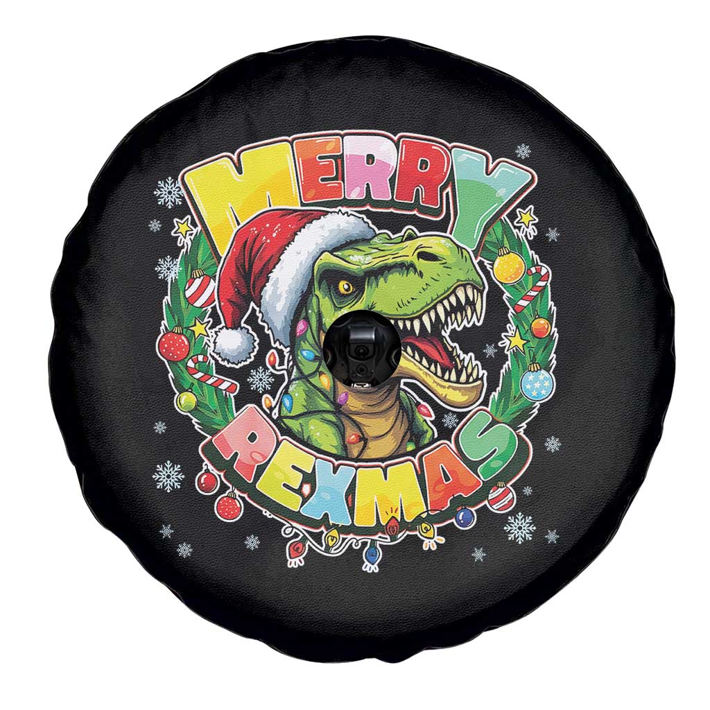 Funny Christmas Dinosaur Spare Tire Cover Merry Rexmas Dino Xmas Wreath - Wonder Print Shop