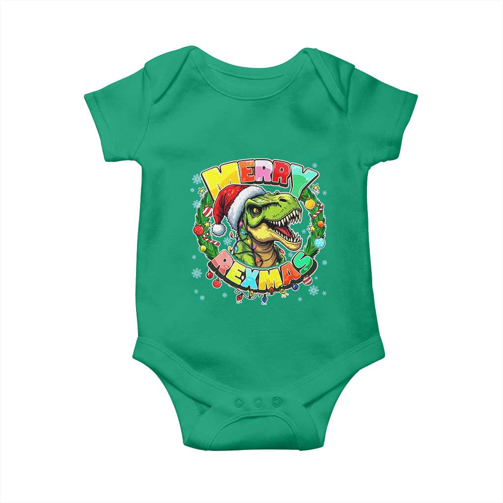 Funny Christmas Dinosaur Baby Onesie Merry Rexmas Dino Xmas Wreath - Wonder Print Shop