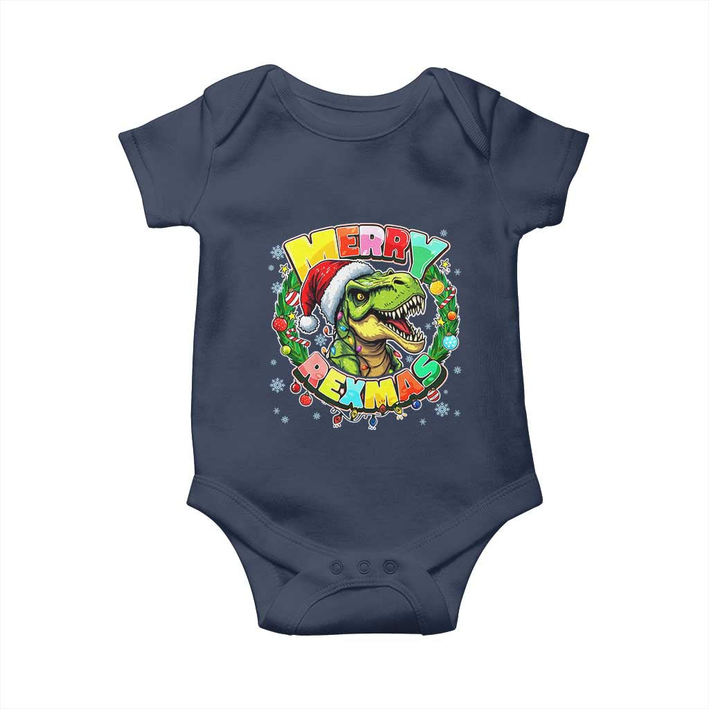 Funny Christmas Dinosaur Baby Onesie Merry Rexmas Dino Xmas Wreath - Wonder Print Shop