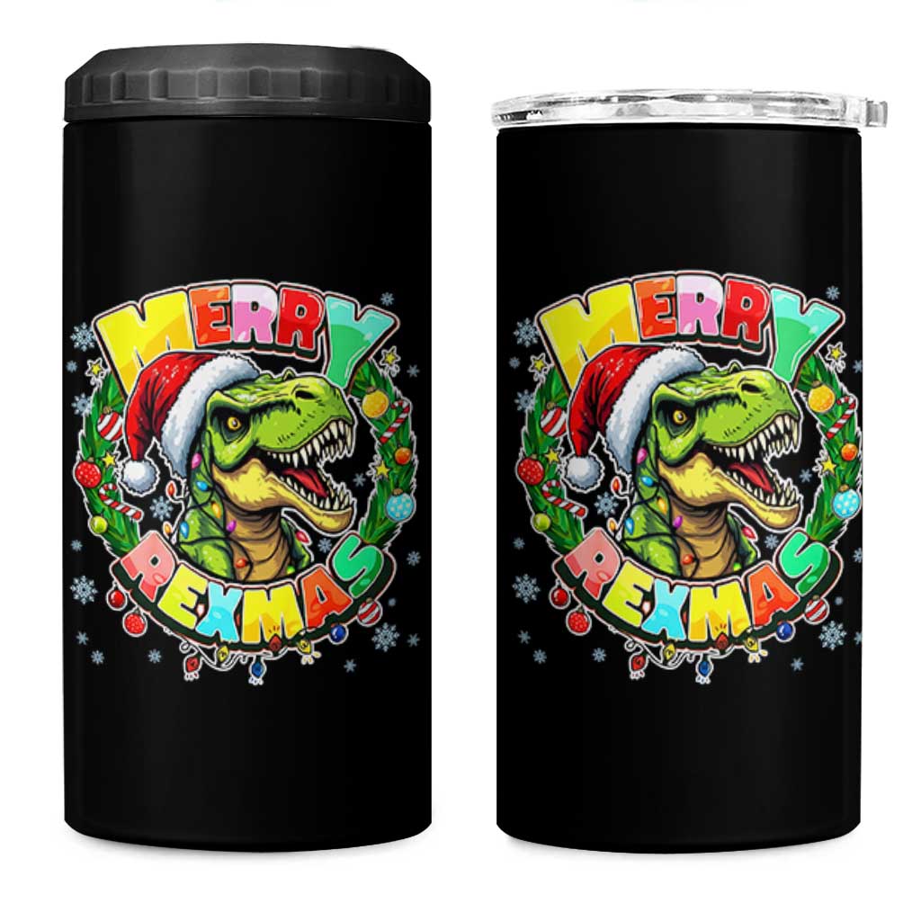 Funny Christmas Dinosaur 4 in 1 Can Cooler Tumbler Merry Rexmas Dino Xmas Wreath - Wonder Print Shop