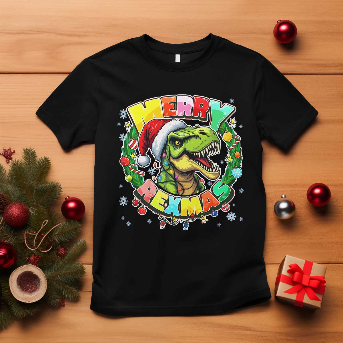 Funny Christmas Dinosaur T Shirt Merry Rexmas Dino Xmas Wreath - Wonder Print Shop