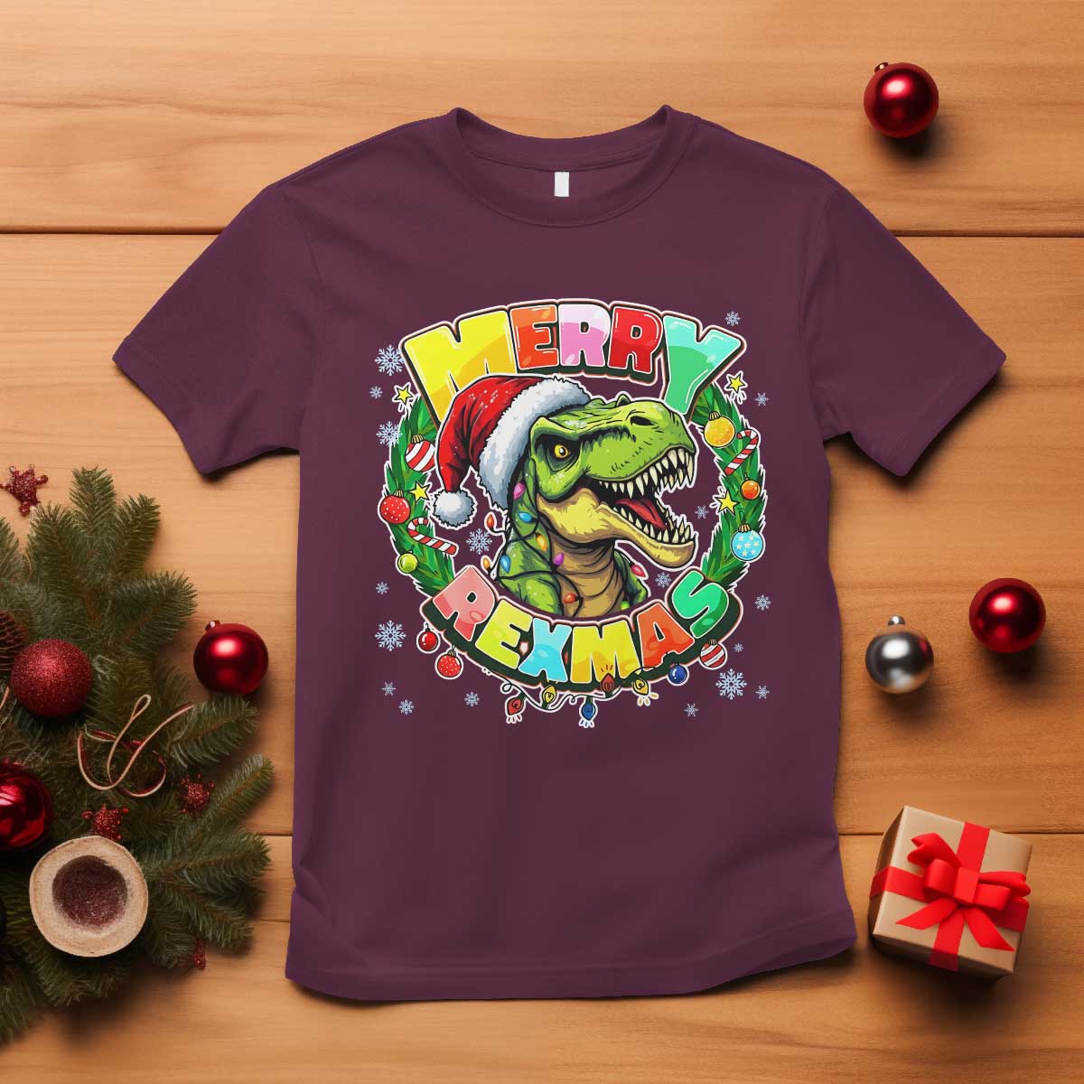 Funny Christmas Dinosaur T Shirt Merry Rexmas Dino Xmas Wreath - Wonder Print Shop
