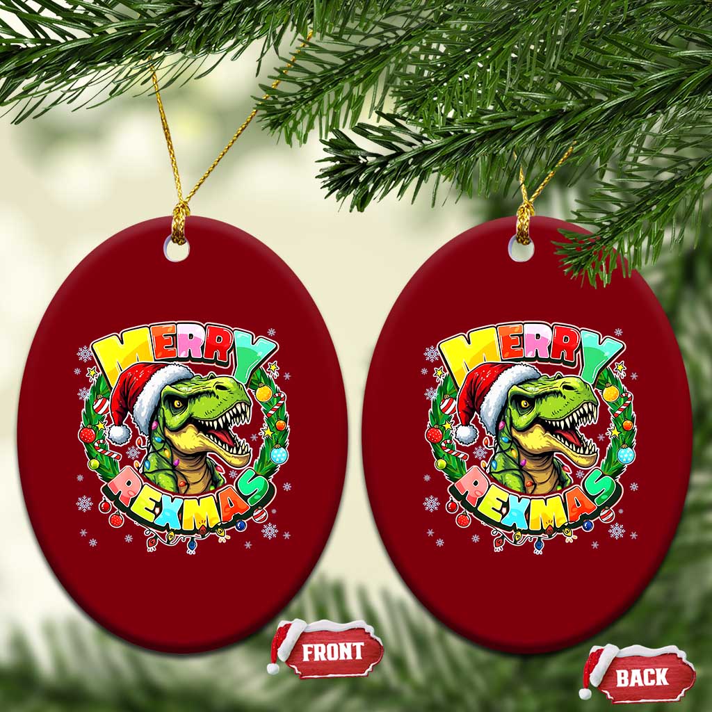 Funny Christmas Dinosaur Ceramic Ornament Merry Rexmas Dino Xmas Wreath - Wonder Print Shop