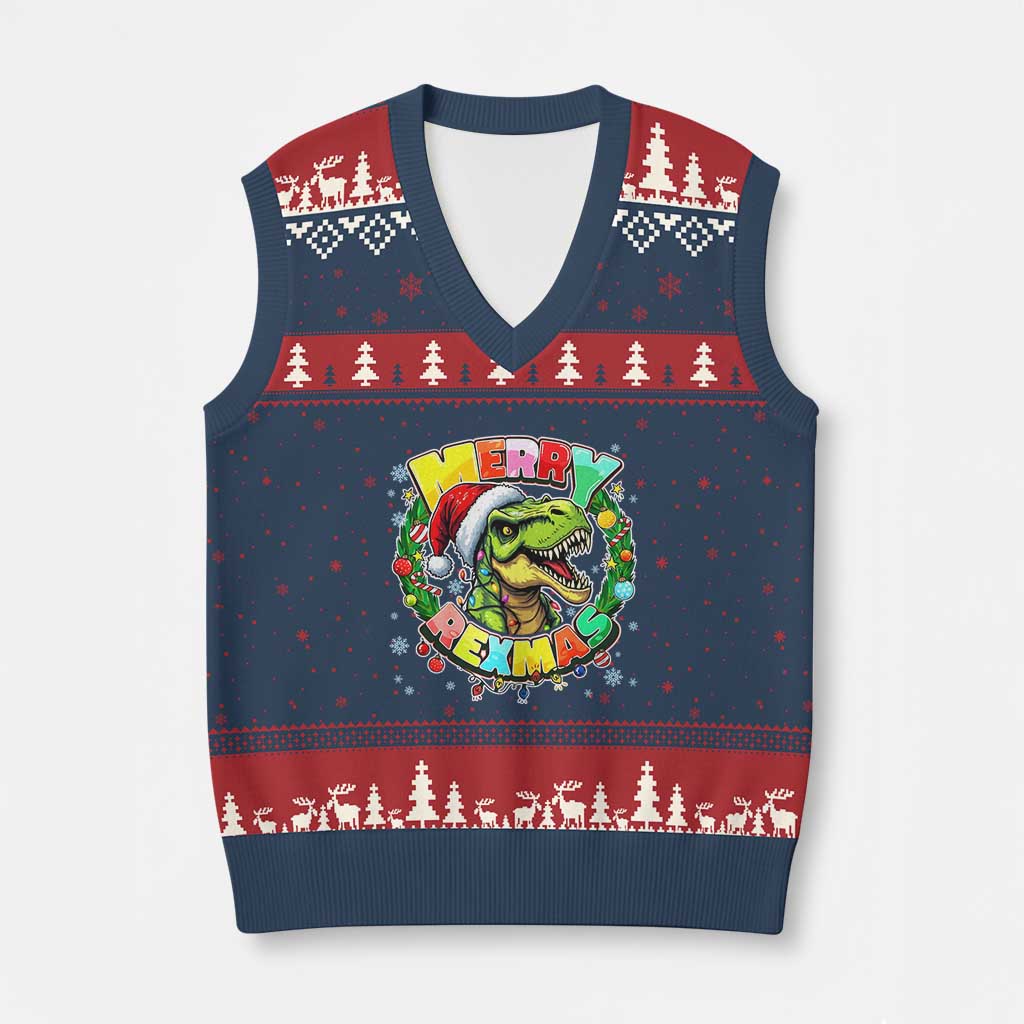 Funny Xmas Dinosaur V-Neck Knit Sweater Vest Merry Rexmas Dino Xmas Wreath - Wonder Print Shop