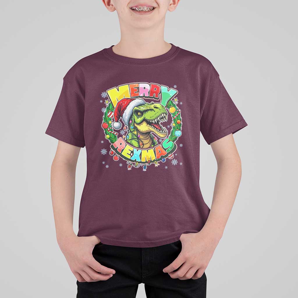 Funny Christmas Dinosaur T Shirt For Kid Merry Rexmas Dino Xmas Wreath - Wonder Print Shop