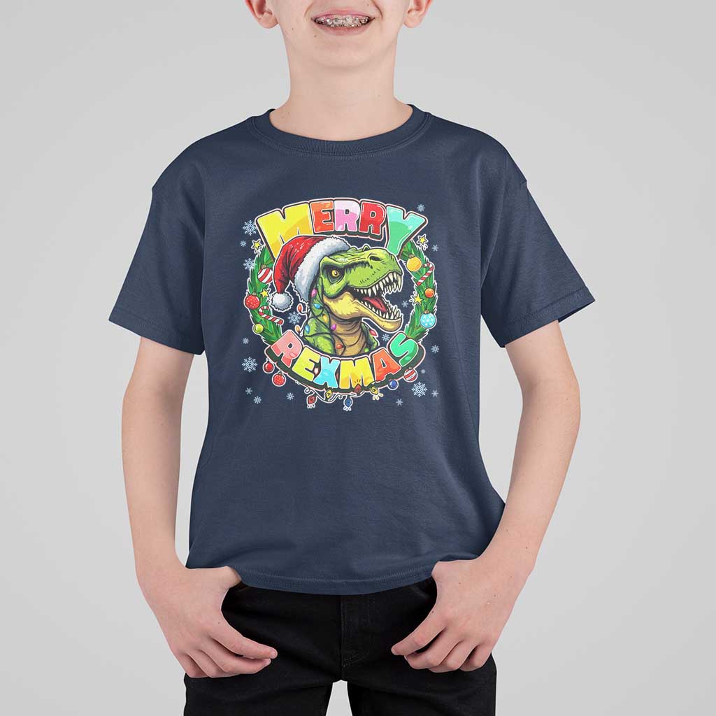 Funny Christmas Dinosaur T Shirt For Kid Merry Rexmas Dino Xmas Wreath - Wonder Print Shop