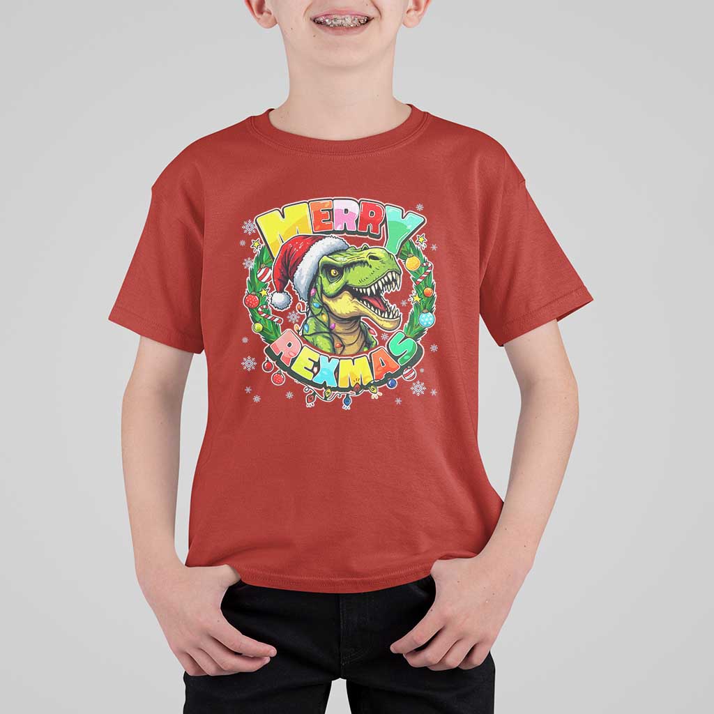 Funny Christmas Dinosaur T Shirt For Kid Merry Rexmas Dino Xmas Wreath - Wonder Print Shop