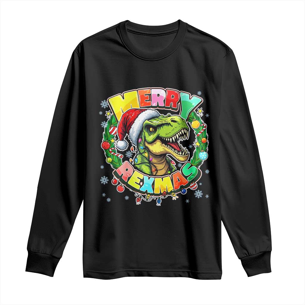 Funny Christmas Dinosaur Long Sleeve Shirt Merry Rexmas Dino Xmas Wreath - Wonder Print Shop