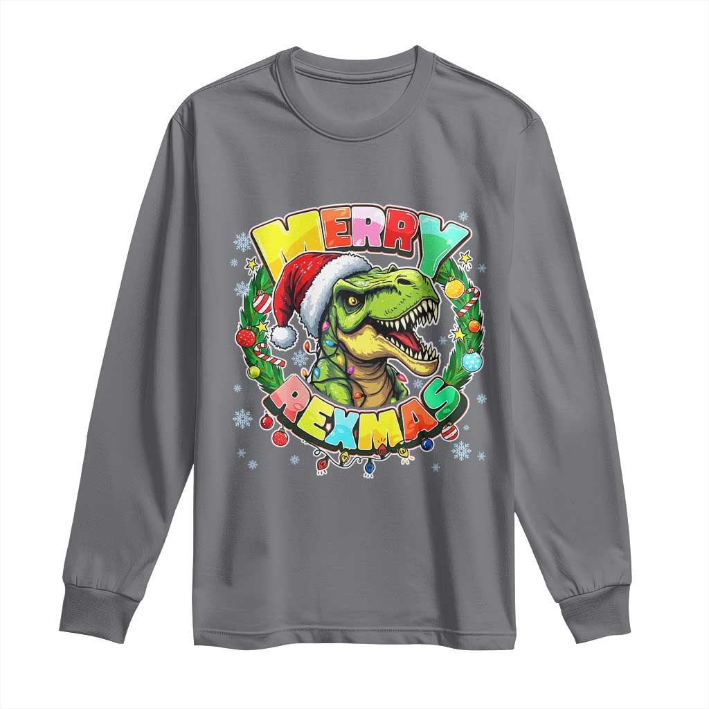 Funny Christmas Dinosaur Long Sleeve Shirt Merry Rexmas Dino Xmas Wreath - Wonder Print Shop