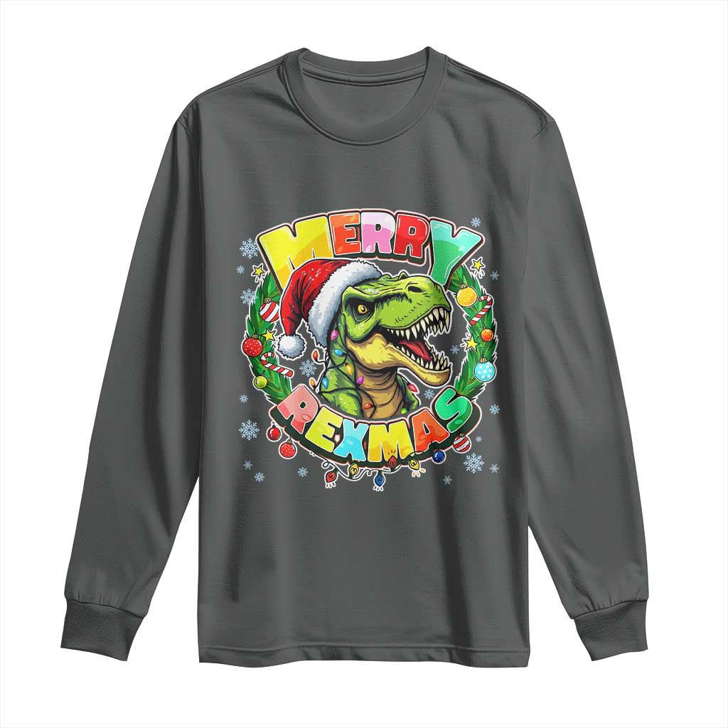Funny Christmas Dinosaur Long Sleeve Shirt Merry Rexmas Dino Xmas Wreath - Wonder Print Shop