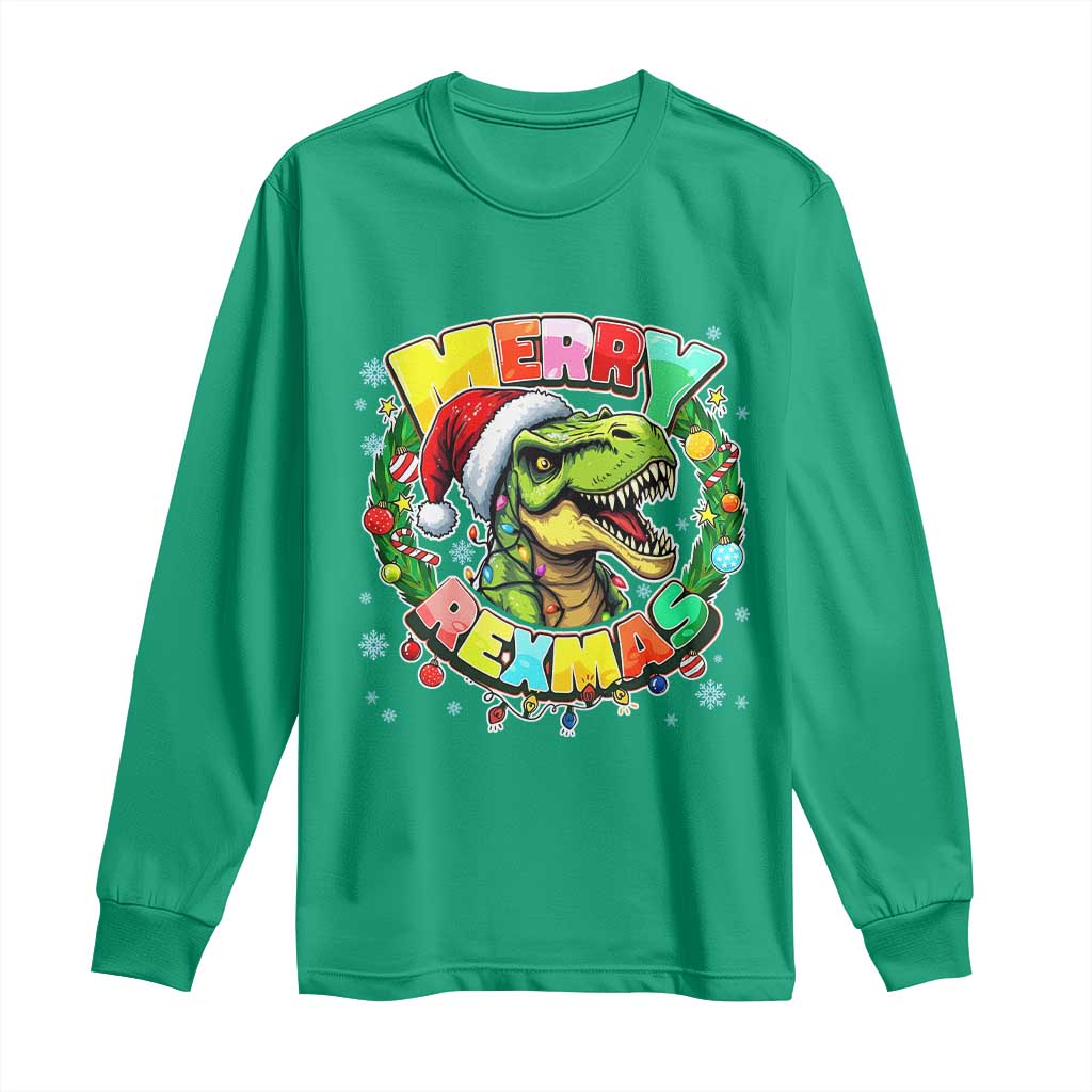 Funny Christmas Dinosaur Long Sleeve Shirt Merry Rexmas Dino Xmas Wreath - Wonder Print Shop