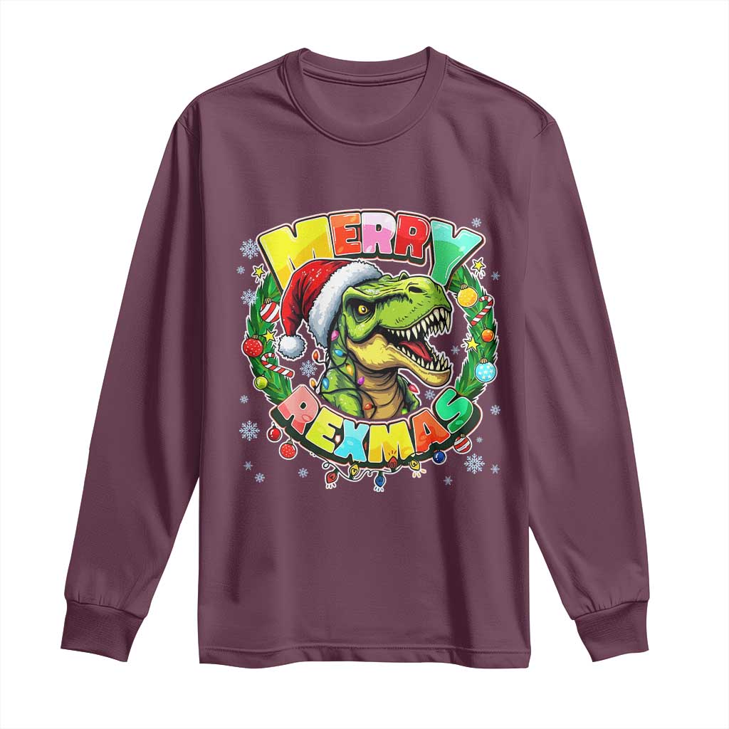 Funny Christmas Dinosaur Long Sleeve Shirt Merry Rexmas Dino Xmas Wreath - Wonder Print Shop
