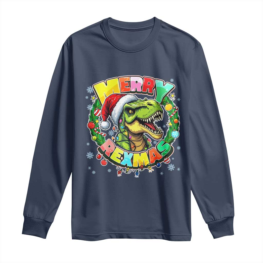 Funny Christmas Dinosaur Long Sleeve Shirt Merry Rexmas Dino Xmas Wreath - Wonder Print Shop