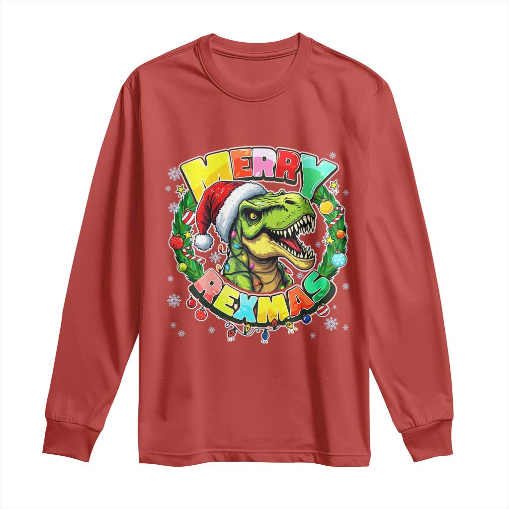 Funny Christmas Dinosaur Long Sleeve Shirt Merry Rexmas Dino Xmas Wreath - Wonder Print Shop