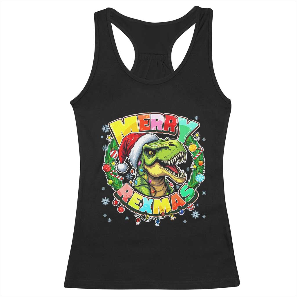 Funny Christmas Dinosaur Racerback Tank Top Merry Rexmas Dino Xmas Wreath - Wonder Print Shop