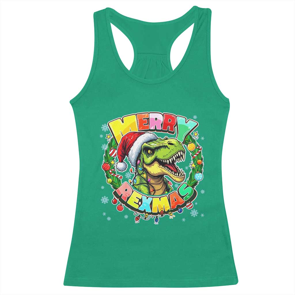 Funny Christmas Dinosaur Racerback Tank Top Merry Rexmas Dino Xmas Wreath - Wonder Print Shop