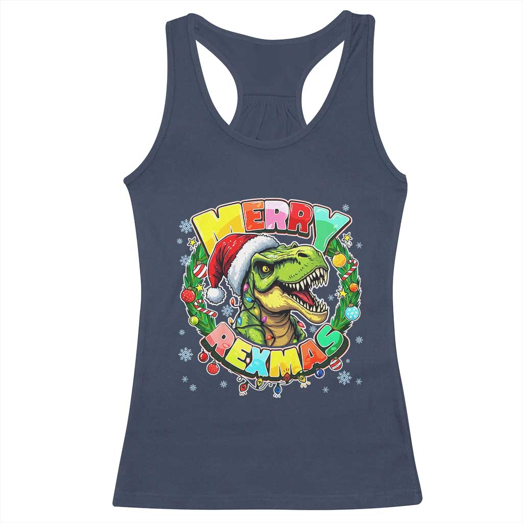Funny Christmas Dinosaur Racerback Tank Top Merry Rexmas Dino Xmas Wreath - Wonder Print Shop