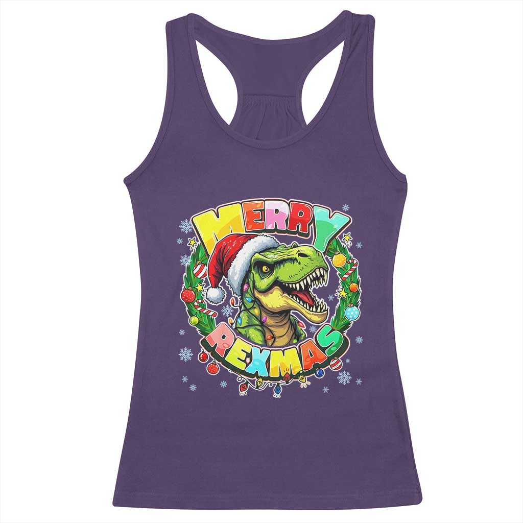 Funny Christmas Dinosaur Racerback Tank Top Merry Rexmas Dino Xmas Wreath - Wonder Print Shop