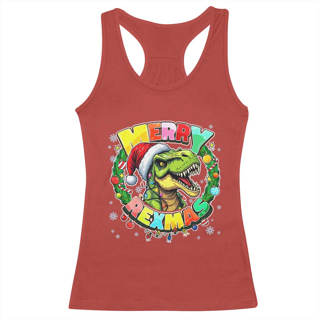 Funny Christmas Dinosaur Racerback Tank Top Merry Rexmas Dino Xmas Wreath - Wonder Print Shop