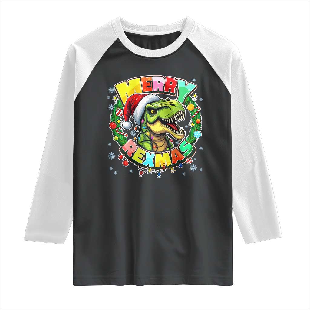 Funny Christmas Dinosaur Raglan Shirt Merry Rexmas Dino Xmas Wreath - Wonder Print Shop