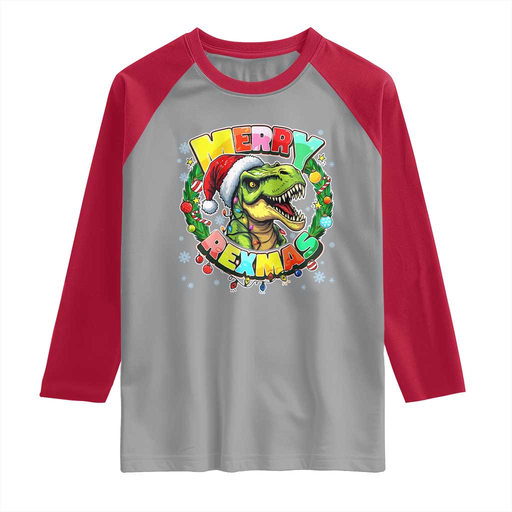 Funny Christmas Dinosaur Raglan Shirt Merry Rexmas Dino Xmas Wreath - Wonder Print Shop
