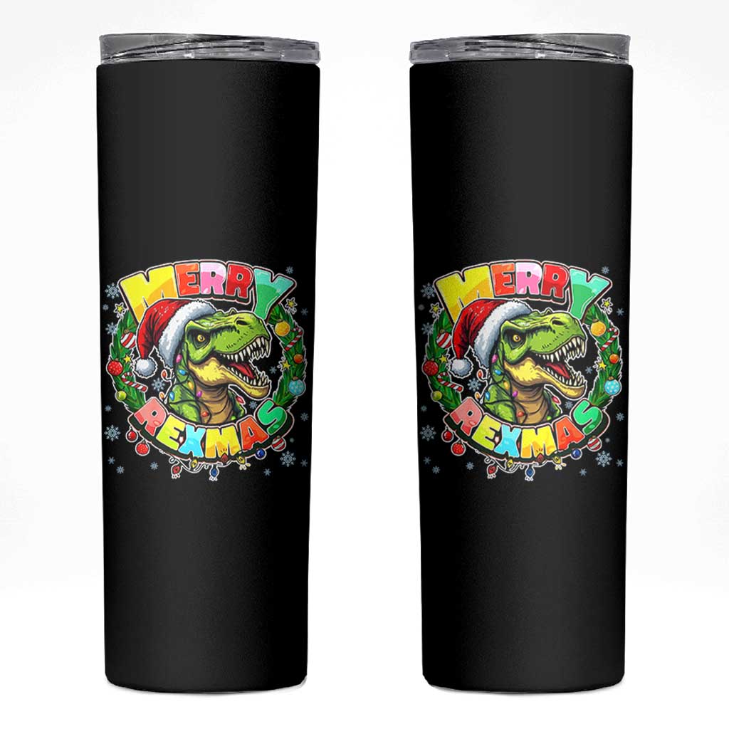 Funny Christmas Dinosaur Skinny Tumbler Merry Rexmas Dino Xmas Wreath - Wonder Print Shop