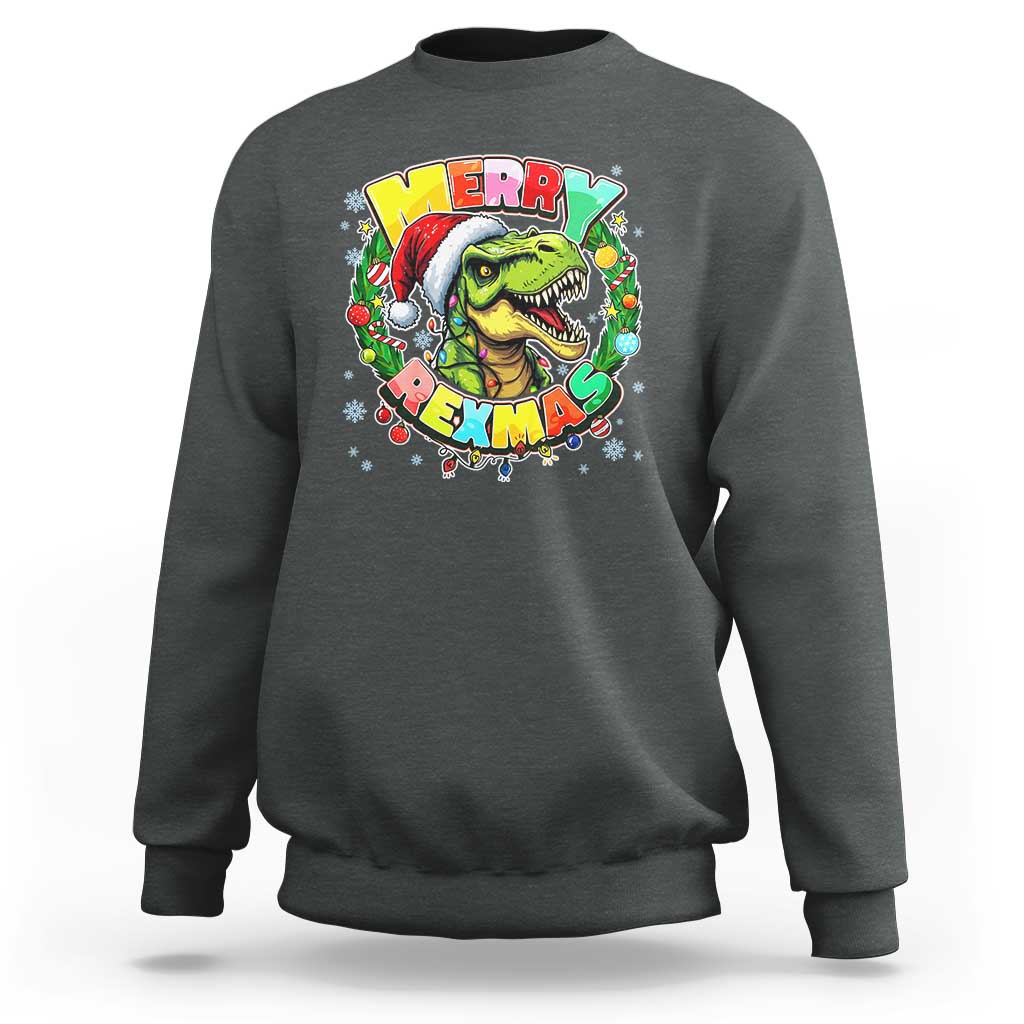 Funny Christmas Dinosaur Sweatshirt Merry Rexmas Dino Xmas Wreath - Wonder Print Shop