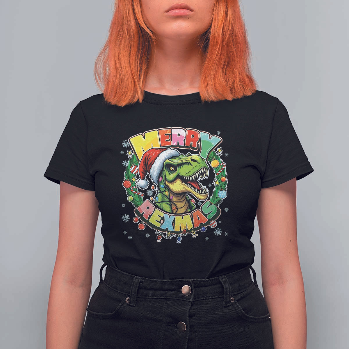 Funny Christmas Dinosaur T Shirt For Women Merry Rexmas Dino Xmas Wreath - Wonder Print Shop