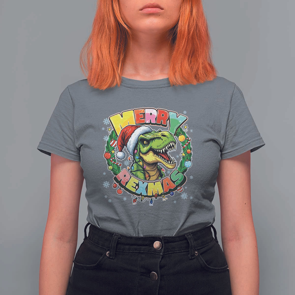 Funny Christmas Dinosaur T Shirt For Women Merry Rexmas Dino Xmas Wreath - Wonder Print Shop