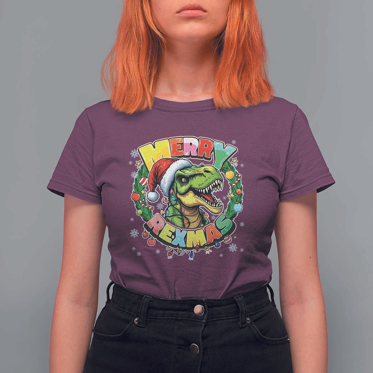 Funny Christmas Dinosaur T Shirt For Women Merry Rexmas Dino Xmas Wreath - Wonder Print Shop