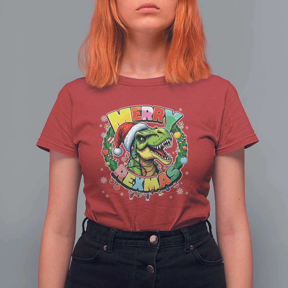 Funny Christmas Dinosaur T Shirt For Women Merry Rexmas Dino Xmas Wreath - Wonder Print Shop