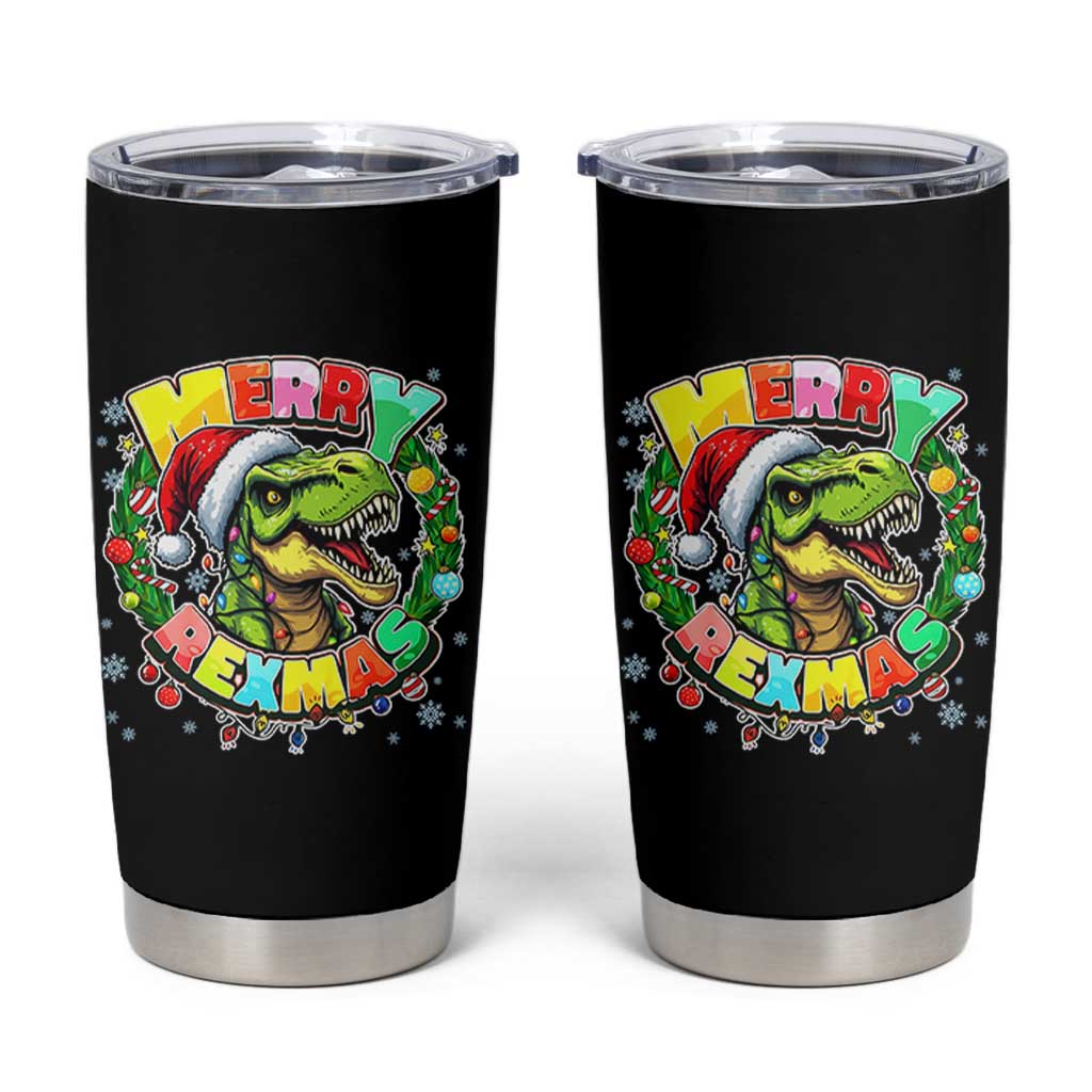 Funny Christmas Dinosaur Tumbler Cup Merry Rexmas Dino Xmas Wreath - Wonder Print Shop