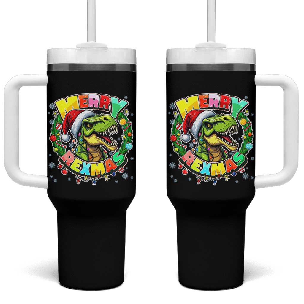 Funny Christmas Dinosaur Tumbler With Handle Merry Rexmas Dino Xmas Wreath - Wonder Print Shop