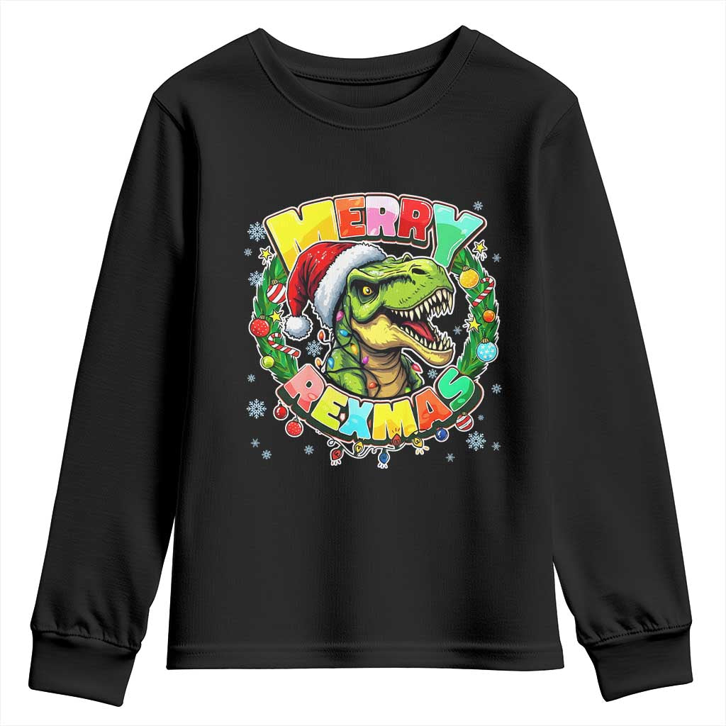 Funny Christmas Dinosaur Youth Sweatshirt Merry Rexmas Dino Xmas Wreath - Wonder Print Shop
