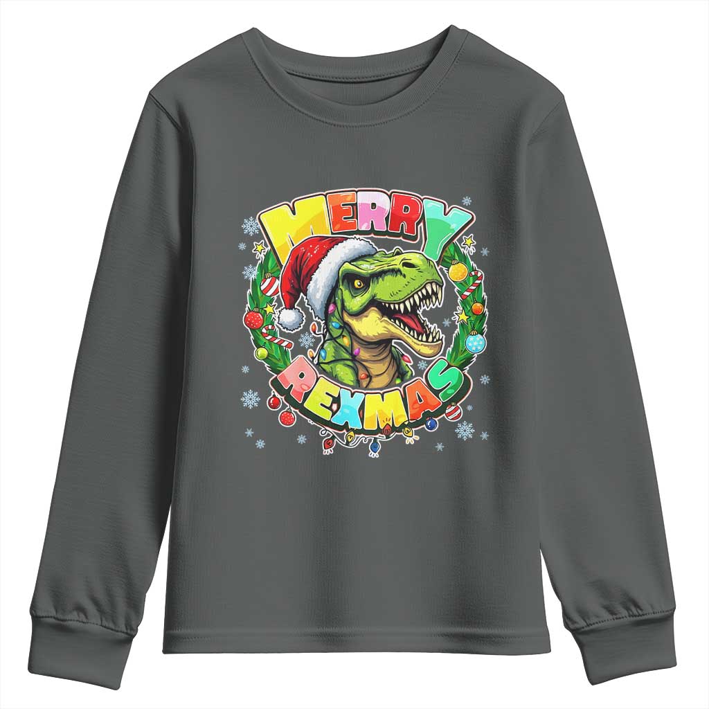Funny Christmas Dinosaur Youth Sweatshirt Merry Rexmas Dino Xmas Wreath - Wonder Print Shop
