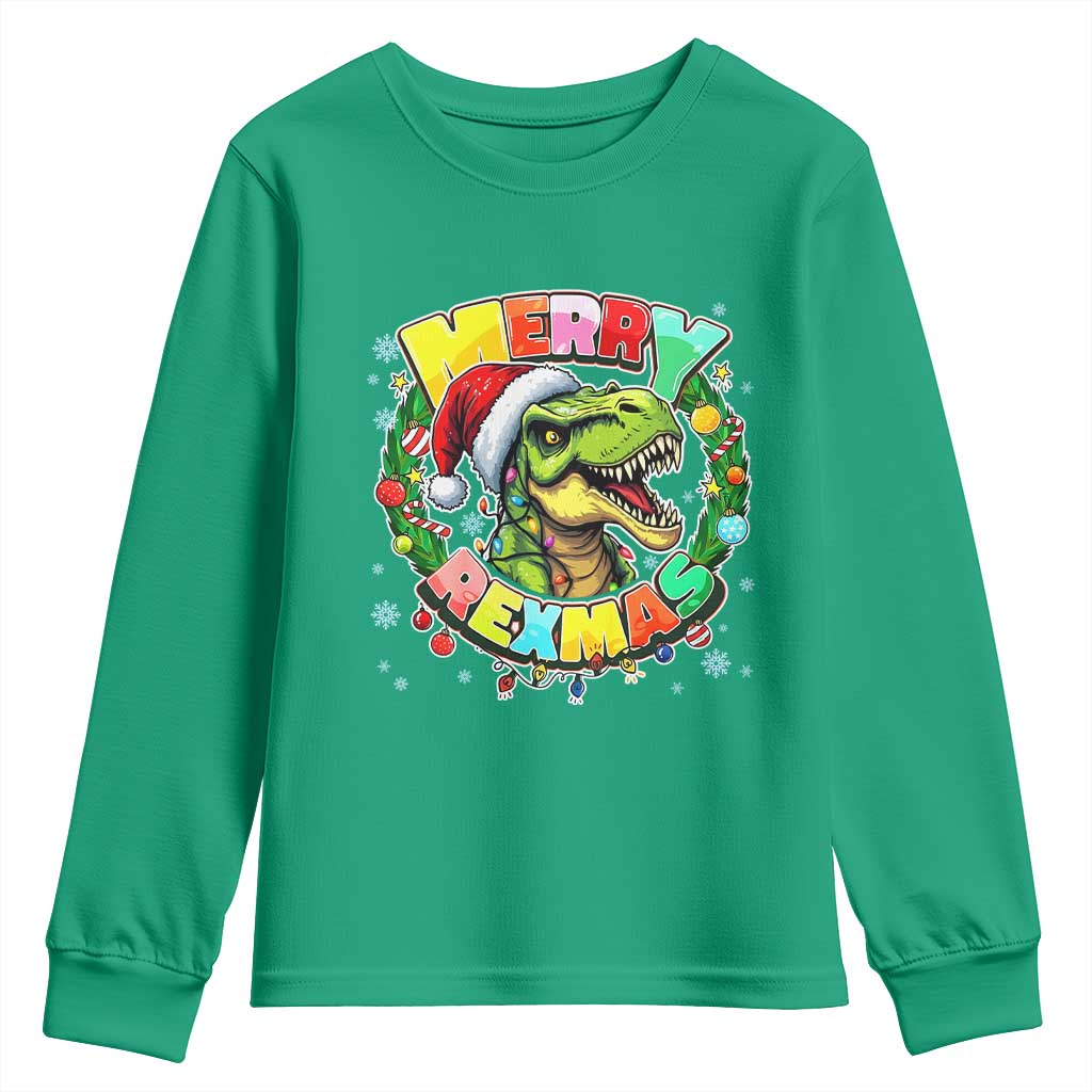 Funny Christmas Dinosaur Youth Sweatshirt Merry Rexmas Dino Xmas Wreath - Wonder Print Shop